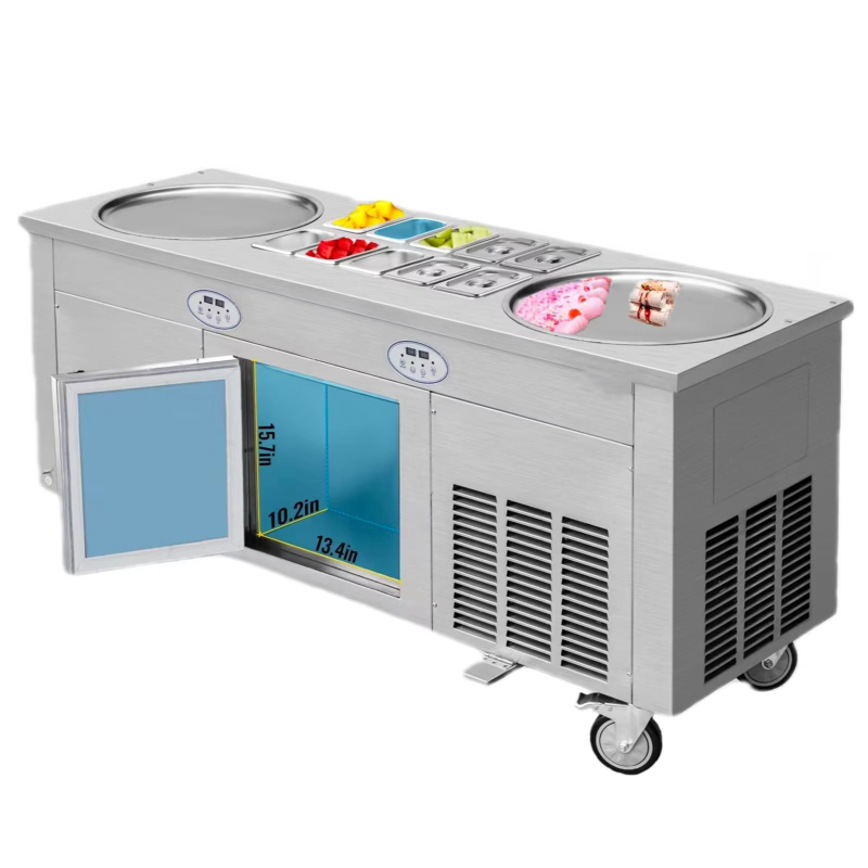 Rolled Ice Cream Machine Fried Plate - Rollen-Eismaschine, 2800 Watt, Doppelplatten-Eisbrötchenmaschine mit Schrank,